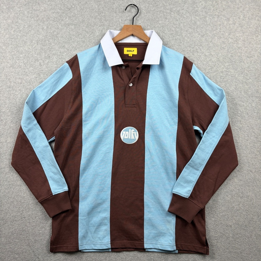 Golf Wang Shirt Mens Large Blue Brown Striped Golfy Heavyweight Cotton Rugby